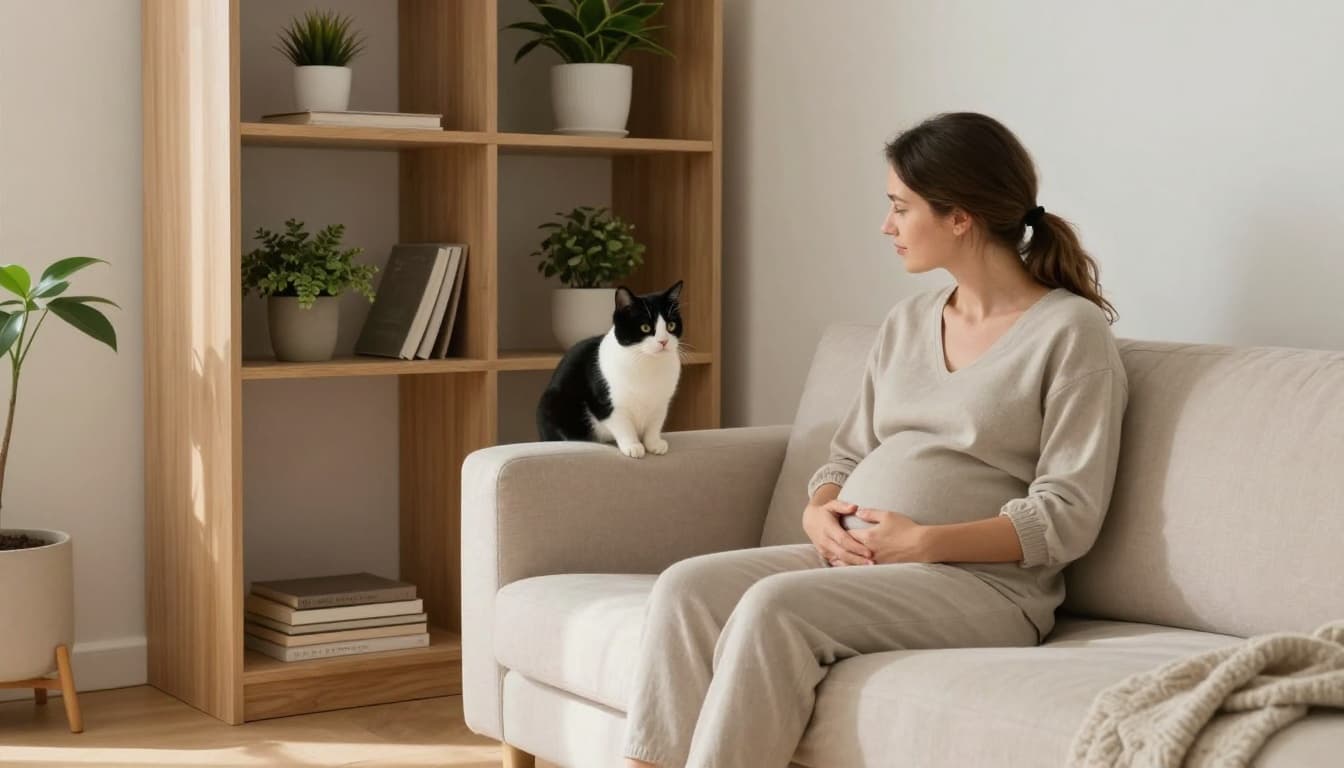 In a modern bright Scandinavian living room with abundant natural light, a pregnant woman on a light beige sofa watches her black and white cat hiding vigilantly in a cozy corner under a light wood shelf. Minimalist neutral decor in beige, soft gray, and light wood creates a calm yet slightly tense atmosphere in premium realistic lifestyle photography.