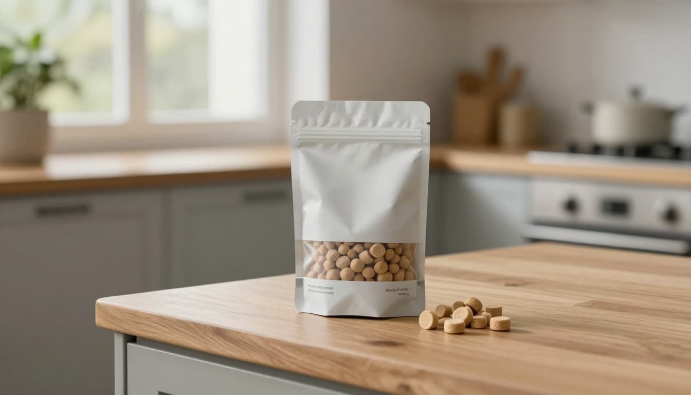 A premium cat food bag slightly open with crunchy kibbles spilling out, placed on an elegant wooden counter in a modern Scandinavian kitchen bathed in soft morning light.