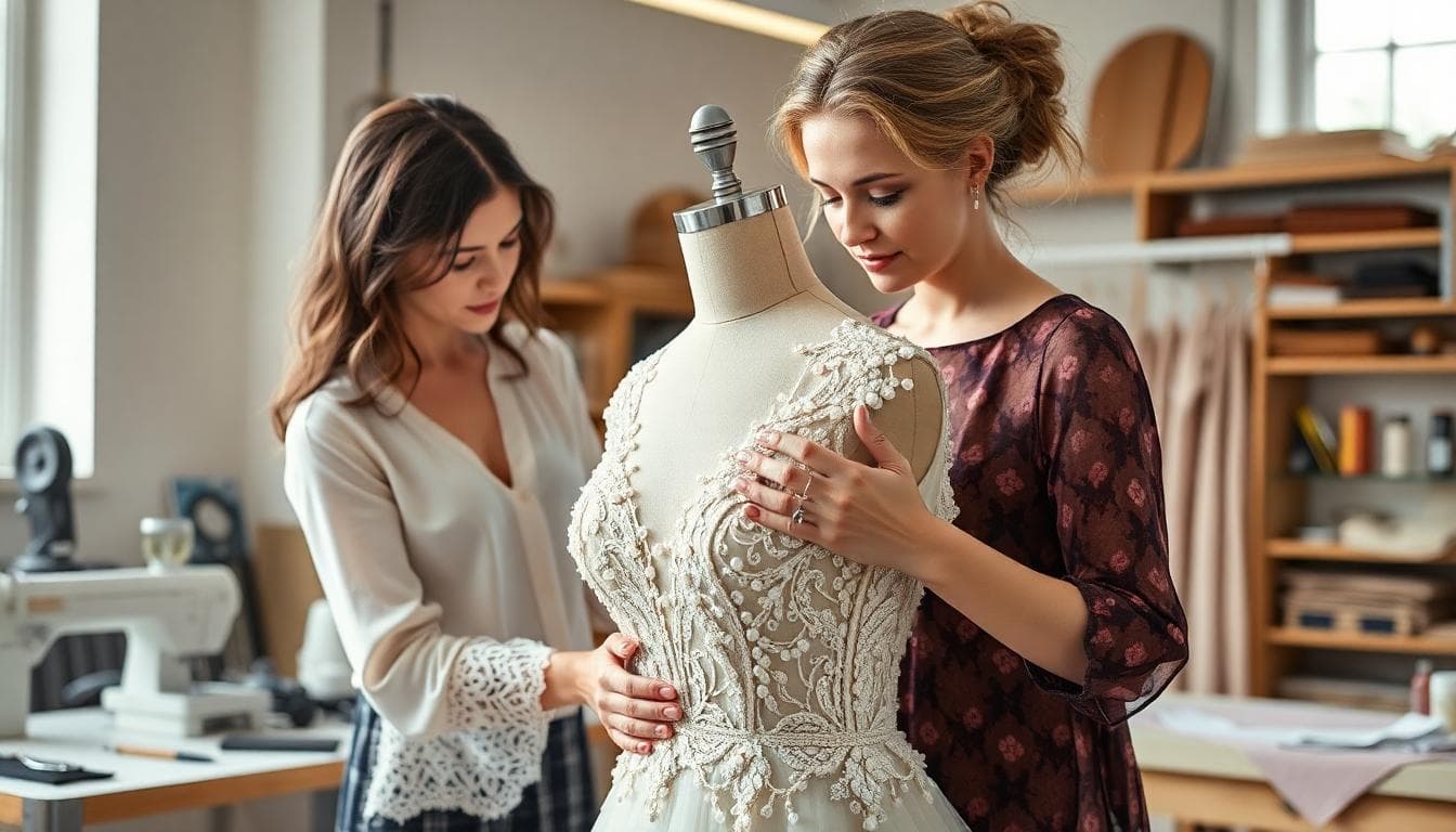Couturière professionnelle ajustant une robe bohème complexe avec perles et traîne dans un atelier lumineux