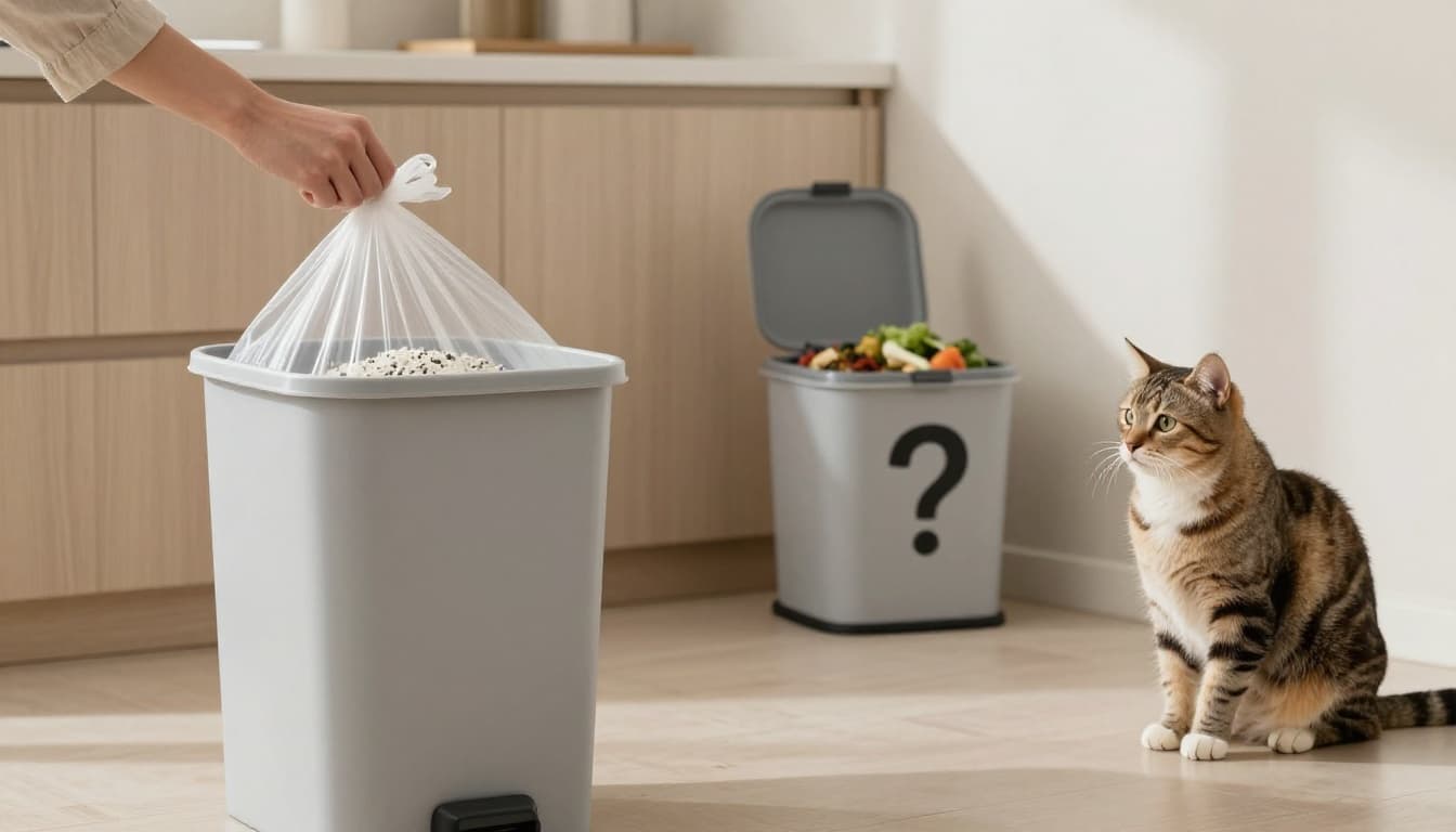 In a bright, minimalist Scandinavian kitchen with natural light and neutral tones, a person ties a trash bag full of used cat litter and places it in the household waste bin. A compost bin with vegetable litter sits nearby, and a content cat observes, highlighting correct waste separation.