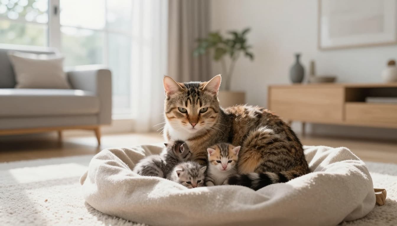 A mother domestic cat curls protectively around her litter of newborn kittens in a cozy blanket nest within a bright, minimalist Scandinavian living room filled with natural light.