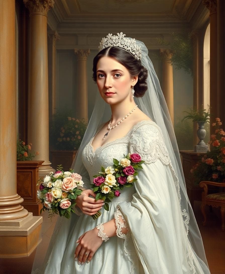 Portrait de la reine Victoria en robe de mariée blanche en dentelle, voile long, ambiance romantique. Image créée avec l’IA