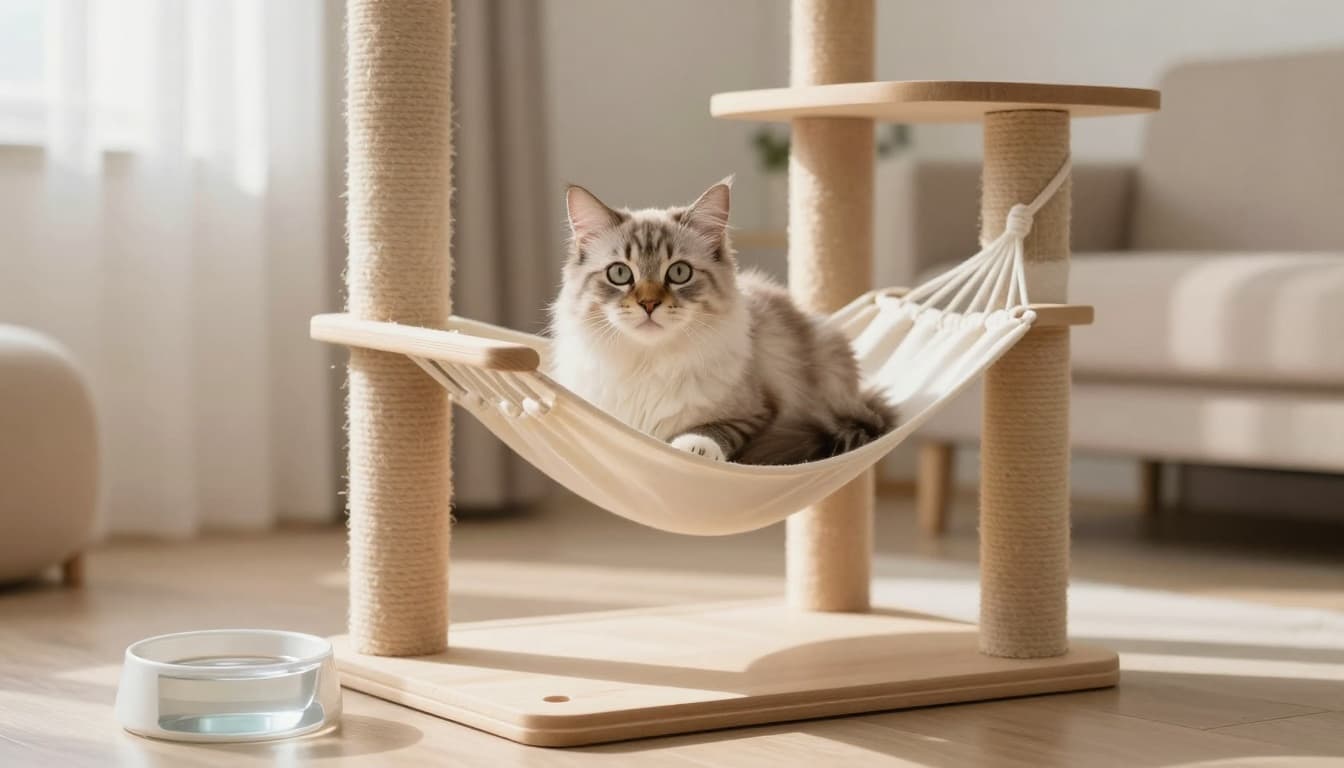 A recovering fluffy cat with brighter eyes and perked ears sits comfortably on a hammock of a premium solid wooden multi-level cat tree in a serene bright Scandinavian living room with soft natural light.