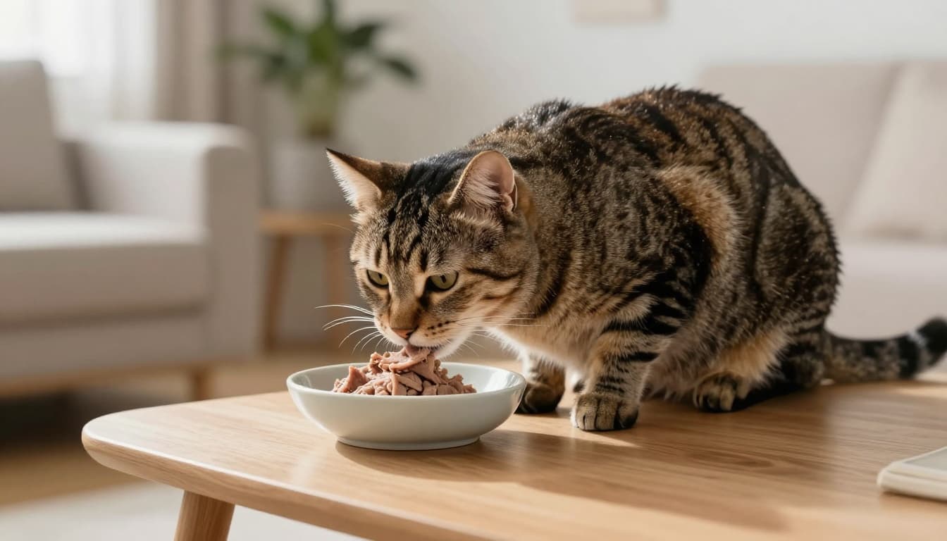 A recovering convalescent adult tabby cat with shiny fur sits calmly eating appetizing wet pâté from a ceramic bowl on a wooden side table in a bright Scandinavian living room with soft natural light.