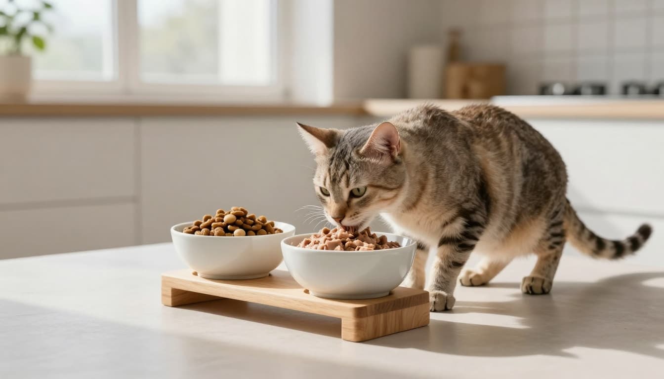 A sleek adult cat eats contentedly from elevated ceramic bowls with wet pâté and dry kibble on a wooden stand in a bright, sunlit Scandinavian kitchen with minimalist decor and cozy atmosphere.