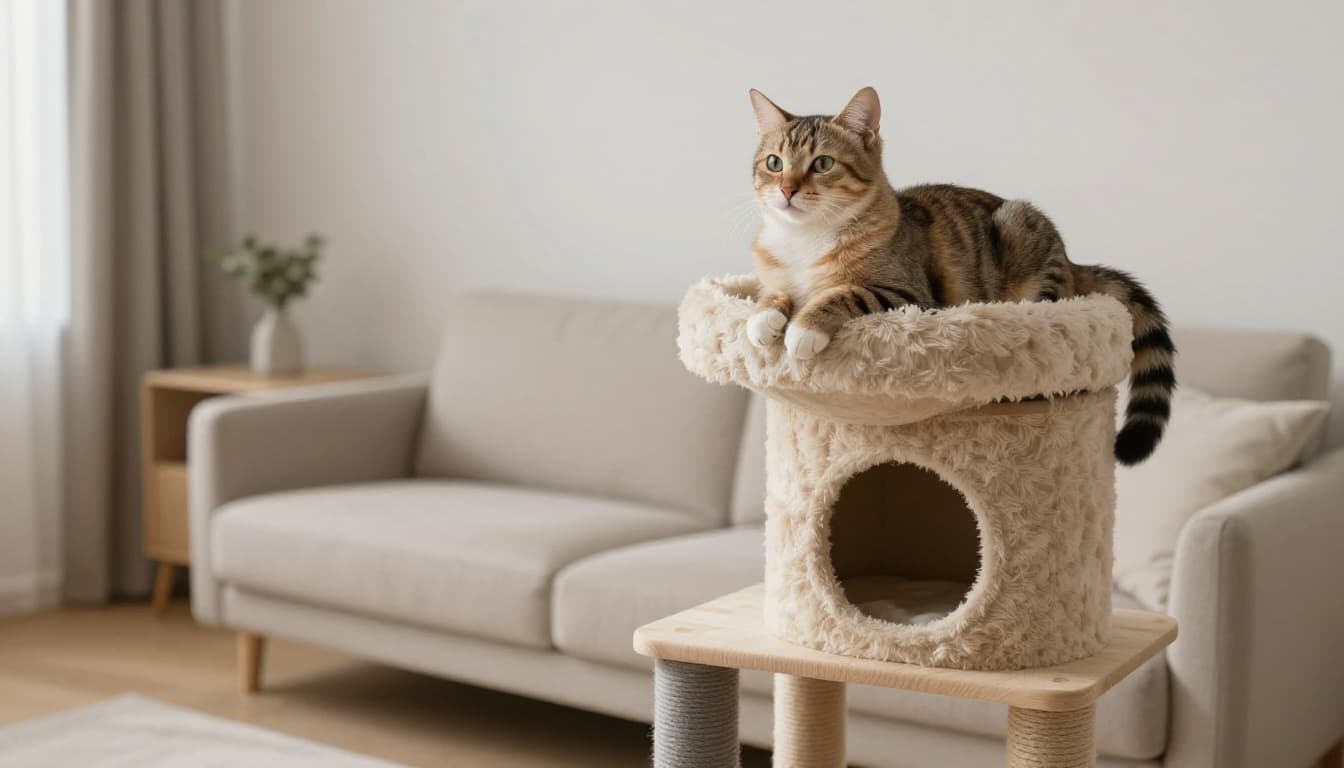 An adult cat rests calmly in a high refuge spot on a stable premium cat tree in a serene minimalist Scandinavian living room with beige tones, light wood furniture, soft gray accents, and abundant natural light.