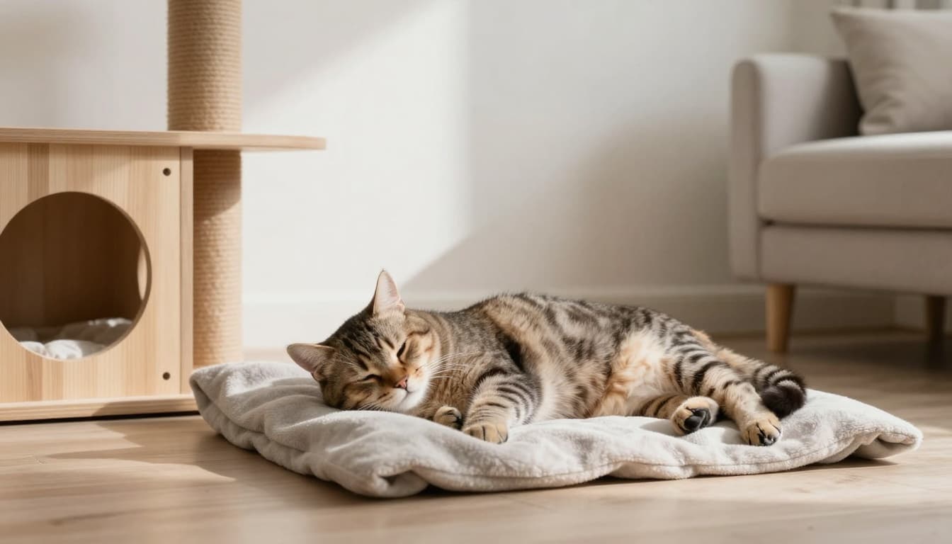 Premium lifestyle photo of an adult cat lying relaxed on a soft blanket in a bright Scandinavian living room with minimalist decor, neutral colors, and warm natural light, showing a peaceful and weak appearance with shallow breaths near a wooden cat tree.