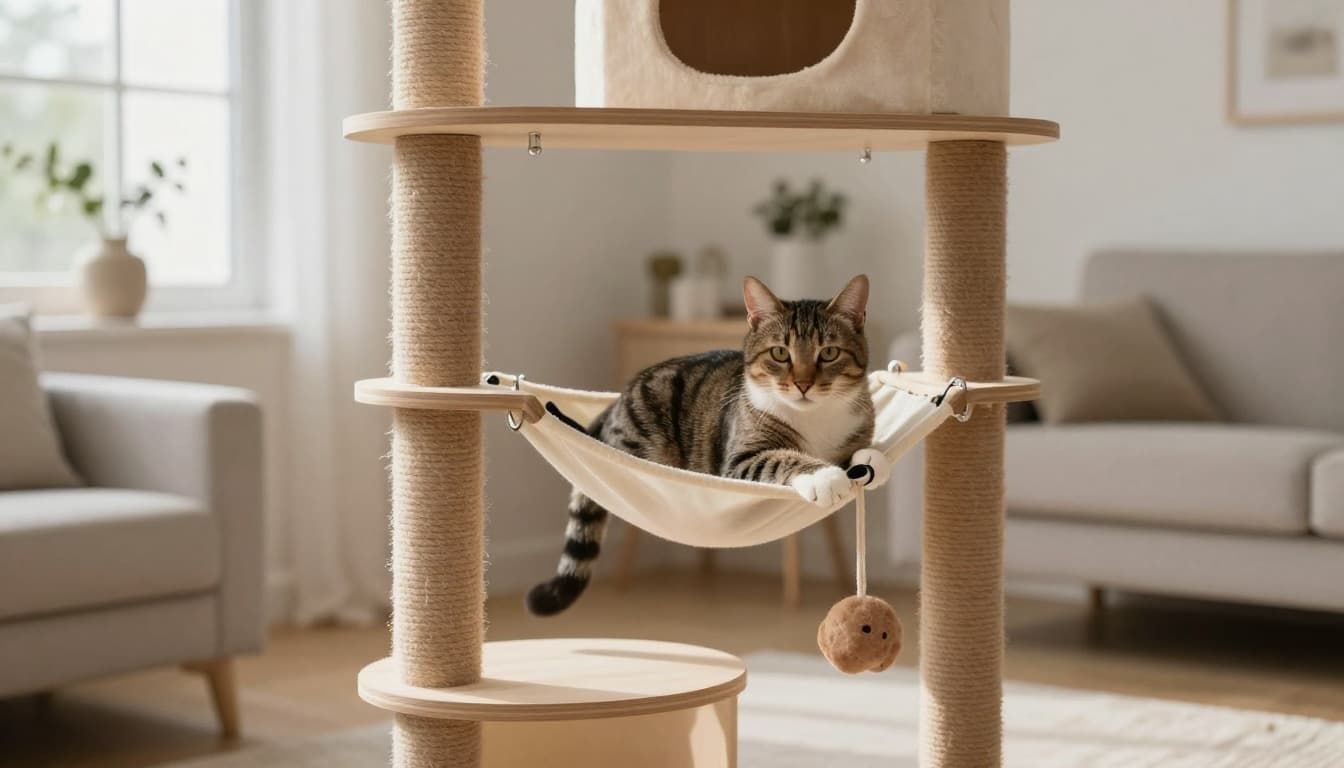 A relaxed adult cat engages in environmental enrichment, playing calmly with toys or resting contentedly in a hammock on a premium light wood cat tree, in a bright Scandinavian minimalist living room with natural light and cozy modern decor.