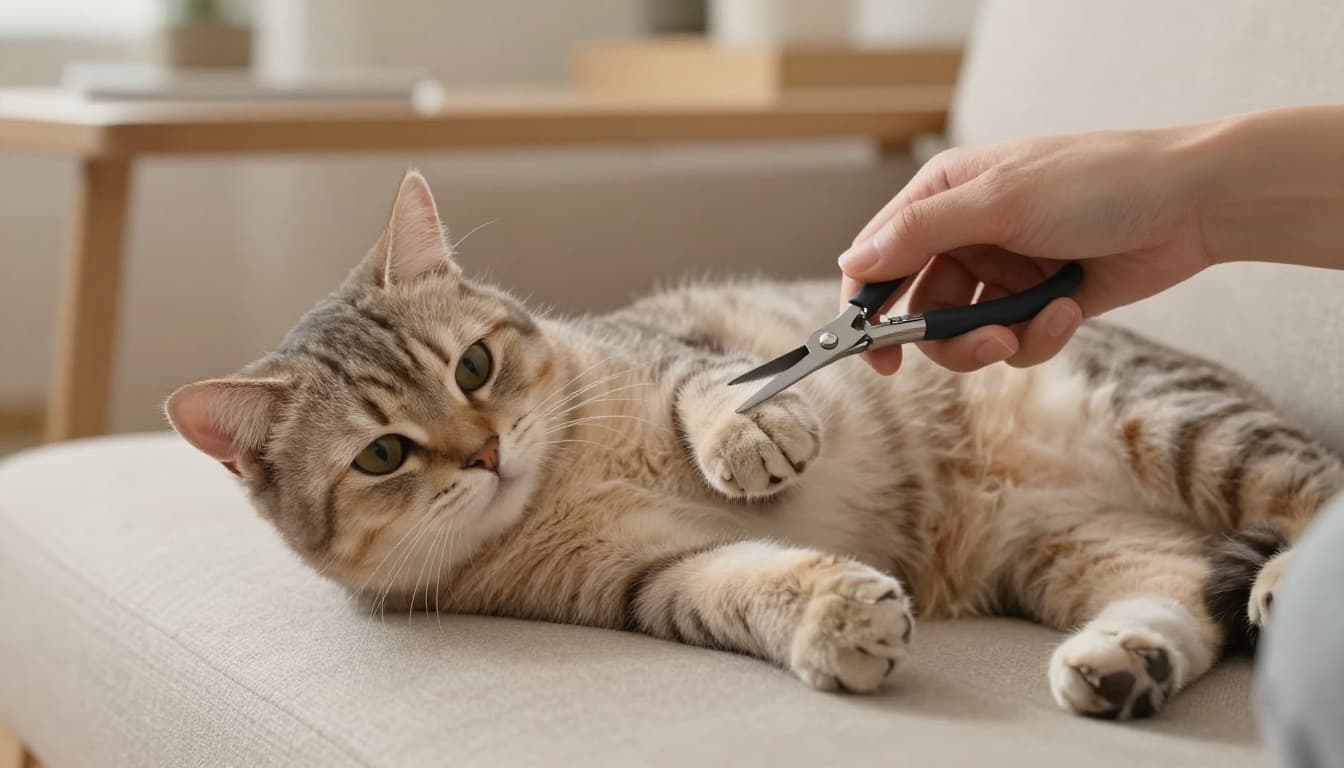 A relaxed cat lies on a lap in a modern Scandinavian living room with front paws extended as a hand carefully trims a claw with clippers. Natural light highlights the smooth cut amid beige sofa and light wood furniture in a calm, premium lifestyle scene.