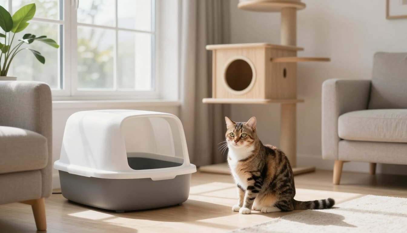 A relaxed adult cat sits calmly near a clean litter box in a modern Scandinavian living room bathed in natural light, with minimalist decor and a premium cat tree in the background.