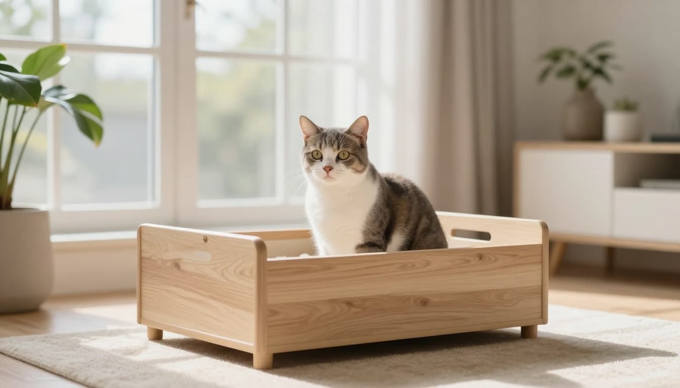 A serene adult cat emerges from a clean, stylish litter box in a bright Scandinavian living room with minimalist decor in beige, light wood, and soft grays, abundant natural light, modern furniture, and plants creating a cozy atmosphere.