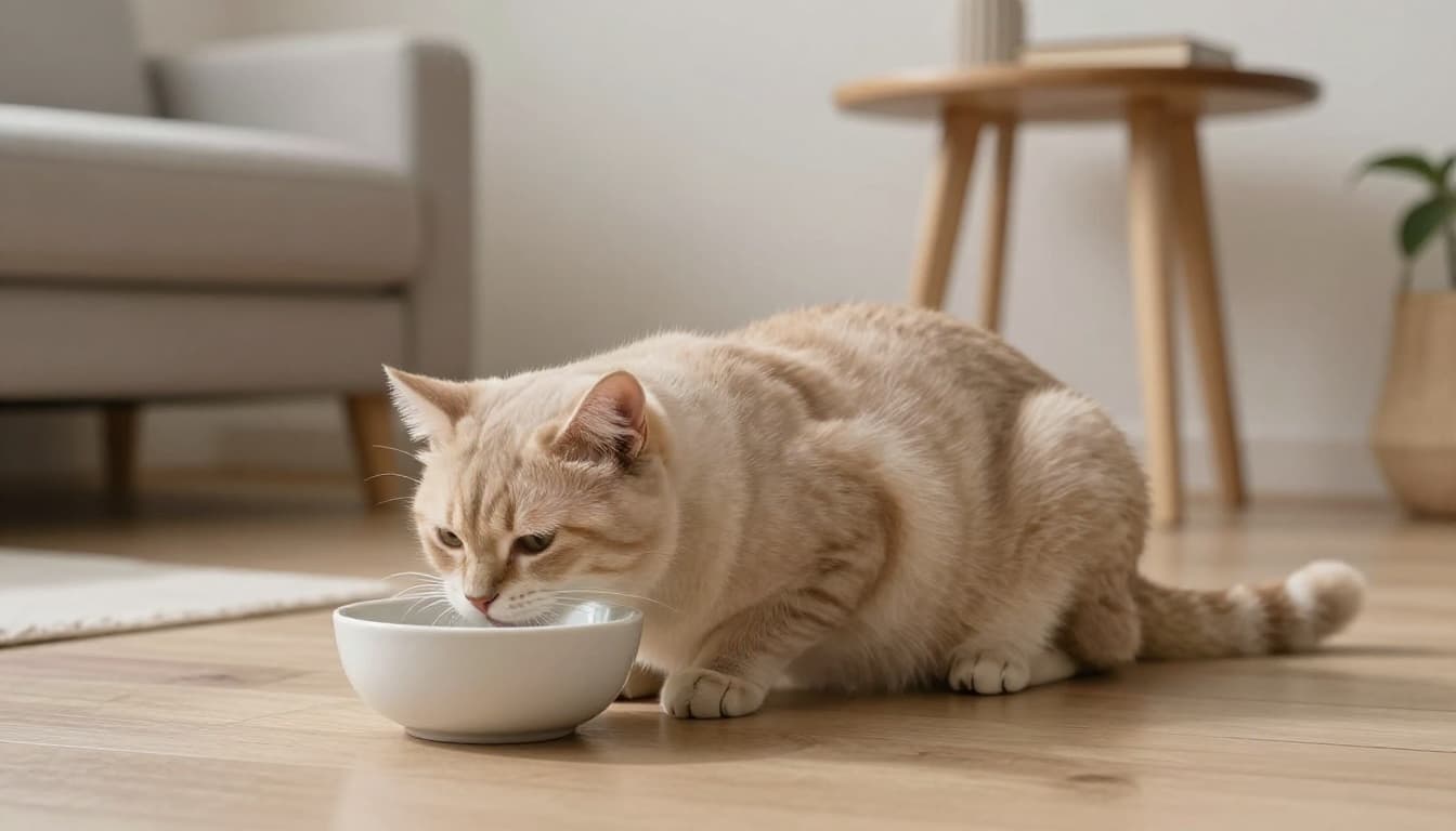 A domestic cat calmly drinks small sips of fresh water from a ceramic bowl on a light wooden floor in a minimalist Scandinavian living room bathed in soft natural light, featuring neutral beige and gray tones with an elegant wooden cat tree in the background.