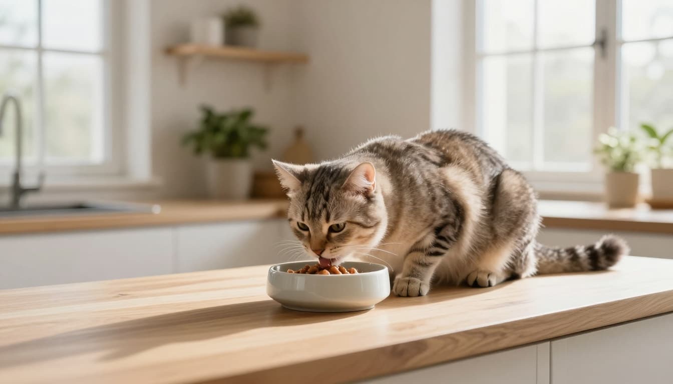 A relaxed domestic cat with soft fur laps wet cat food from a modern ceramic bowl on a light wooden kitchen counter in a bright Scandinavian kitchen with natural morning light and minimalist decor.