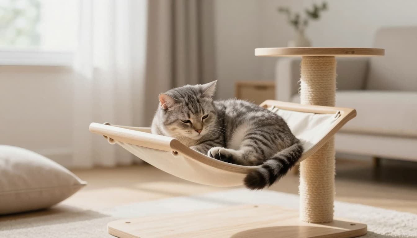An adult cat relaxes confidently on a hammock platform of a modern light wood cat tree in a bright Scandinavian living room with minimalist decor and abundant natural light.