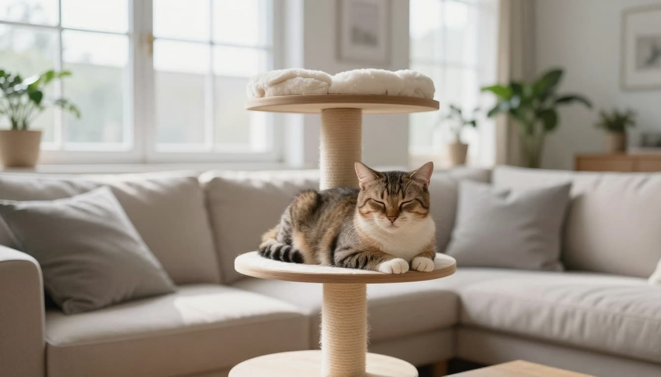 A calm female domestic cat rests peacefully on a premium light wood cat tree in a bright Scandinavian living room with natural light and minimalist decor.