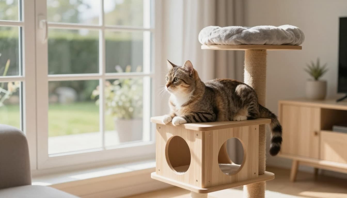 A calm domestic cat rests safely on a premium light wood cat tree near a large secured window in a bright Scandinavian living room with minimalist beige and grey decor. The relaxed cat gazes outside at a garden, enveloped in a warm cozy atmosphere with natural light and soft depth of field.