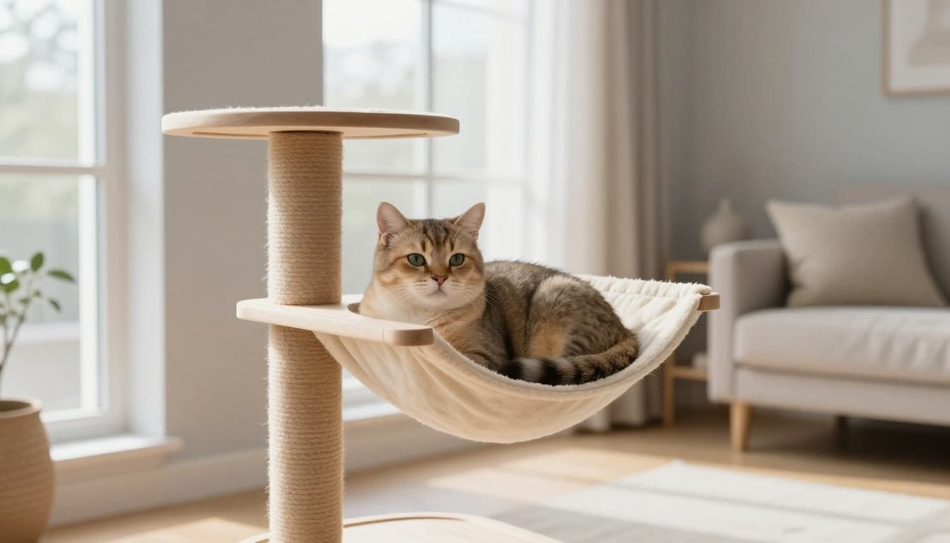 A beautiful domestic cat relaxing comfortably on a modern cat tree in a bright Scandinavian living room with natural light and minimalist decor.