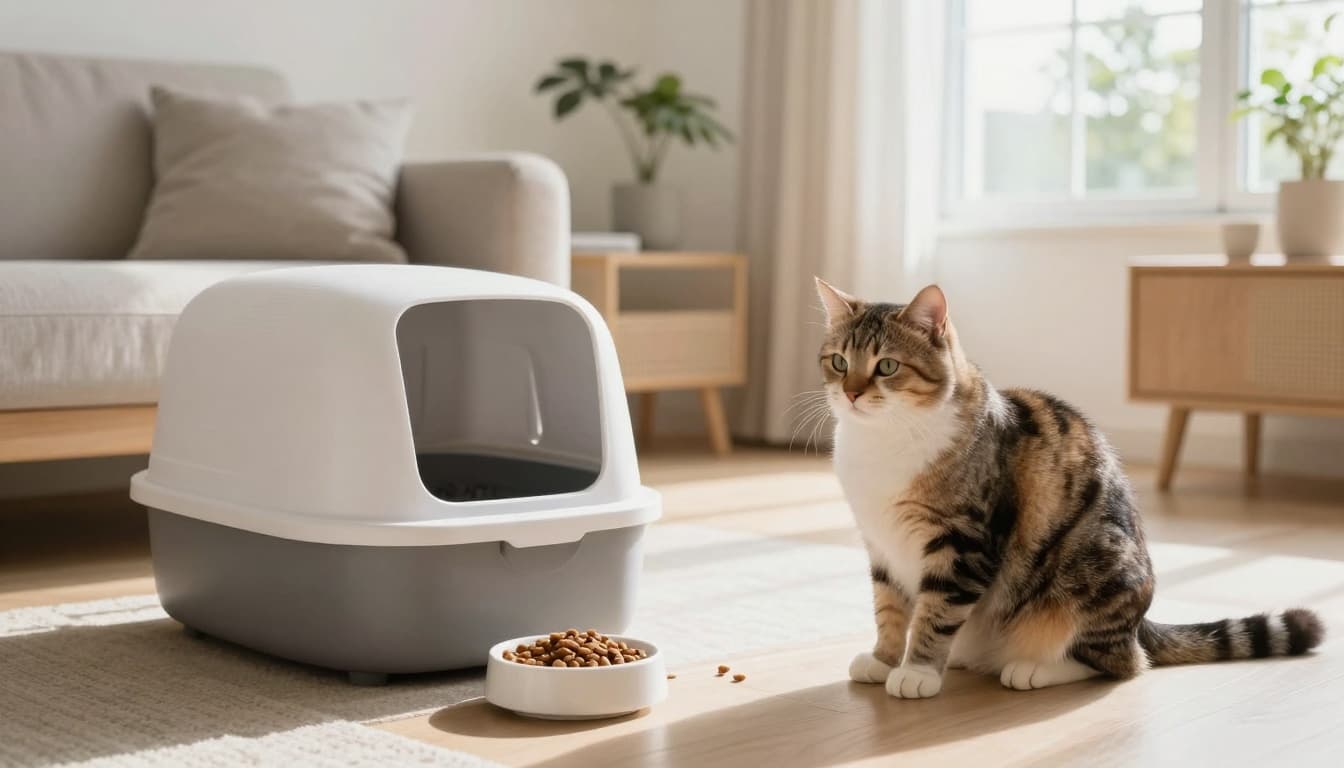 A relaxed adult cat sits contentedly near a modern litter box and food bowls with wet pate and dry kibble in a bright Scandinavian living room with natural light and minimalist decor.