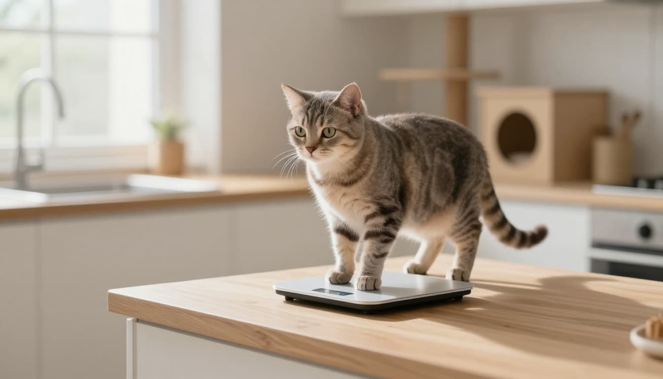 A relaxed domestic cat stands calmly on a precise digital kitchen scale on a light wooden counter in a bright Scandinavian minimalist kitchen with soft natural light and cozy atmosphere.