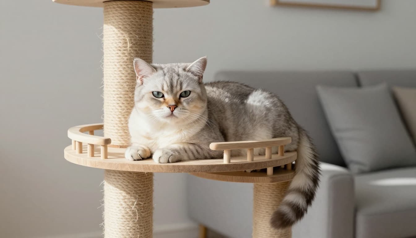 A comfortable cat with a slightly runny nose lounges on a stylish wooden cat tree in a modern Scandinavian home with neutral tones and natural light.