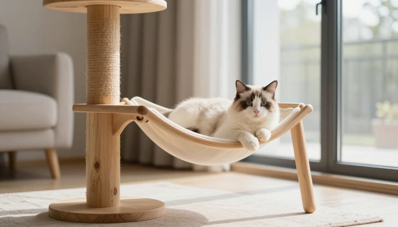 A serene female cat rests calmly on a premium light wood cat tree with Scandinavian design in a bright modern living room. Soft natural light filters through a large window, highlighting the minimalist decor in beige, light gray, and natural wood tones.