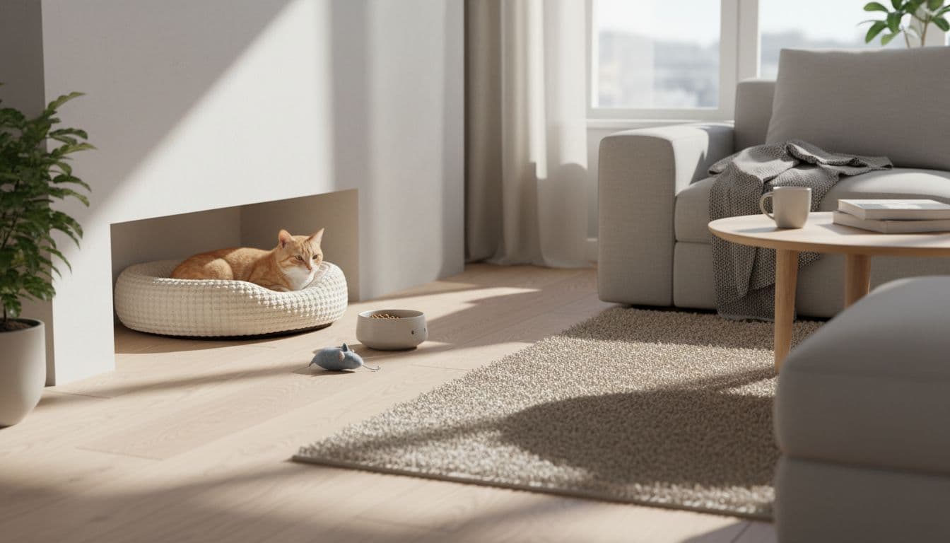 A relaxed cat lounges on a cozy bed near a food bowl and toy in a bright modern Scandinavian living room with minimalist decor, neutral tones, and warm natural light.