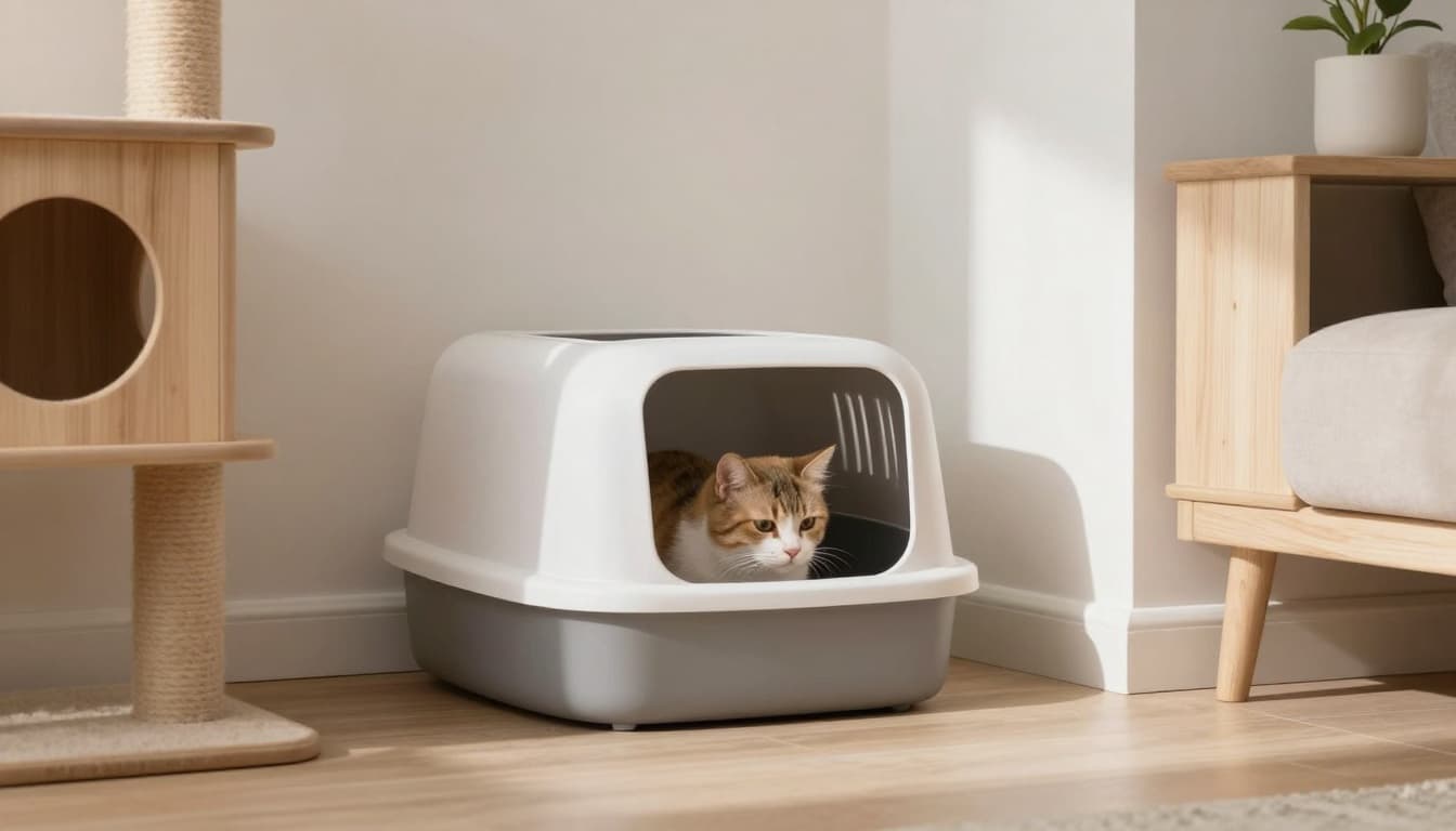 A relaxed cat uses a large open litter box with low sides in a calm corner of a bright Scandinavian living room with minimalist decor, light wood furniture, beige and soft grey tones, and natural light. The scene evokes a cozy, elegant modern home atmosphere with soft depth of field.