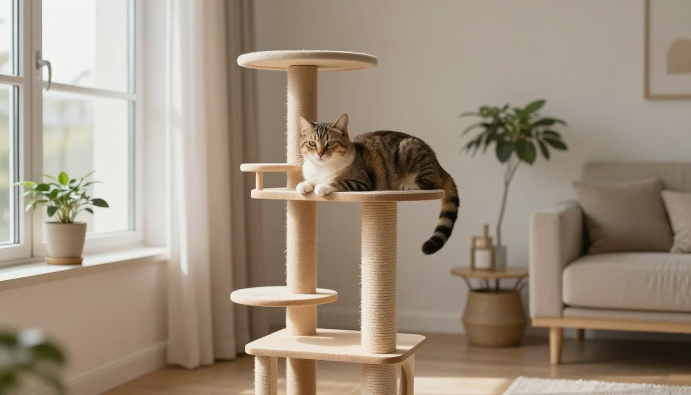 A domestic cat rests calmly on an elegant solid wooden cat tree in a bright Scandinavian living room with minimalist beige decor, plants, and an open window letting in fresh air.