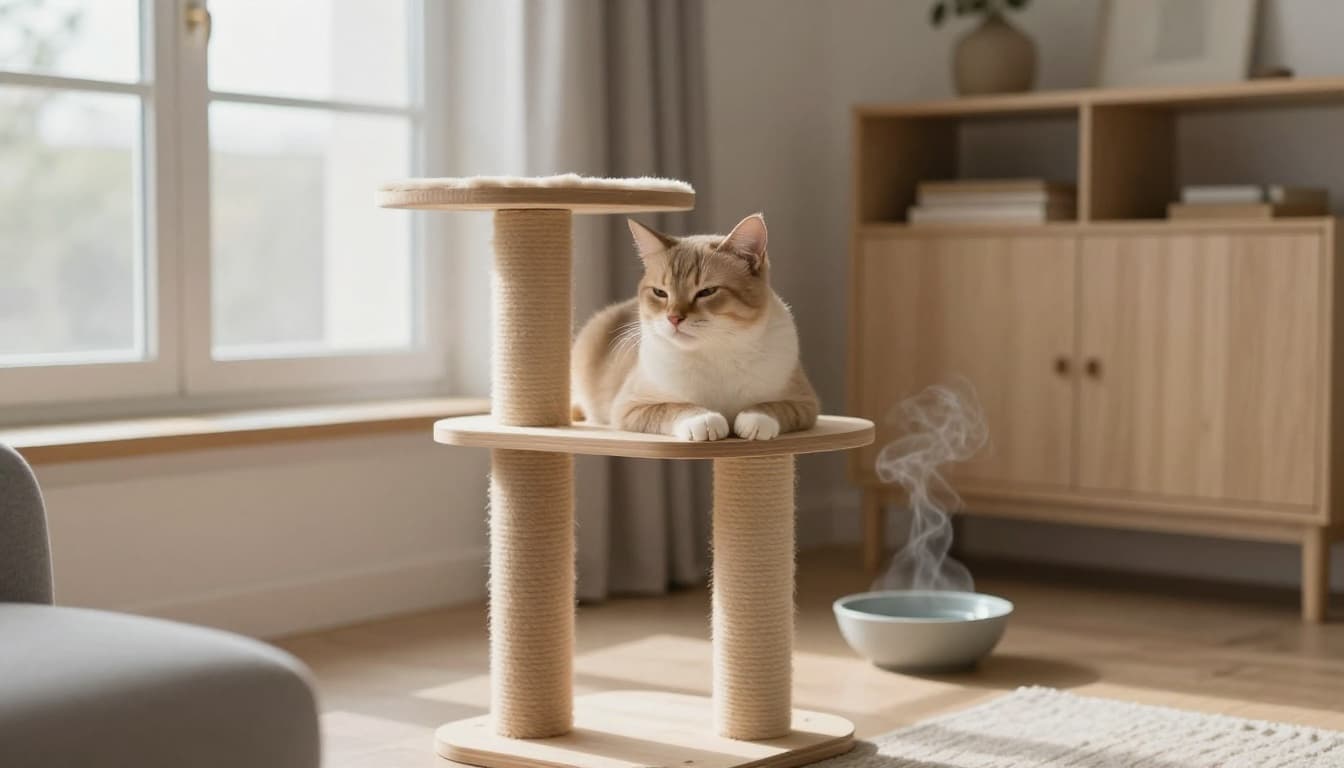 A relaxed domestic cat rests on a premium solid wooden cat tree in a bright Scandinavian minimalist living room with warm natural light and cozy beige tones.