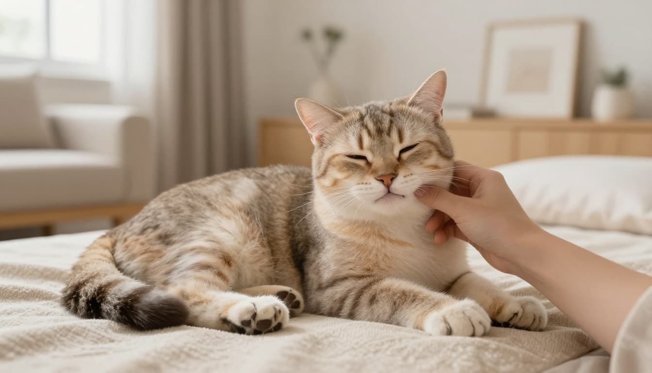 A happy relaxed domestic cat slow blinks and rubs its cheek against a person's hand in a bright modern Scandinavian living room with minimalist beige and light wood decor.