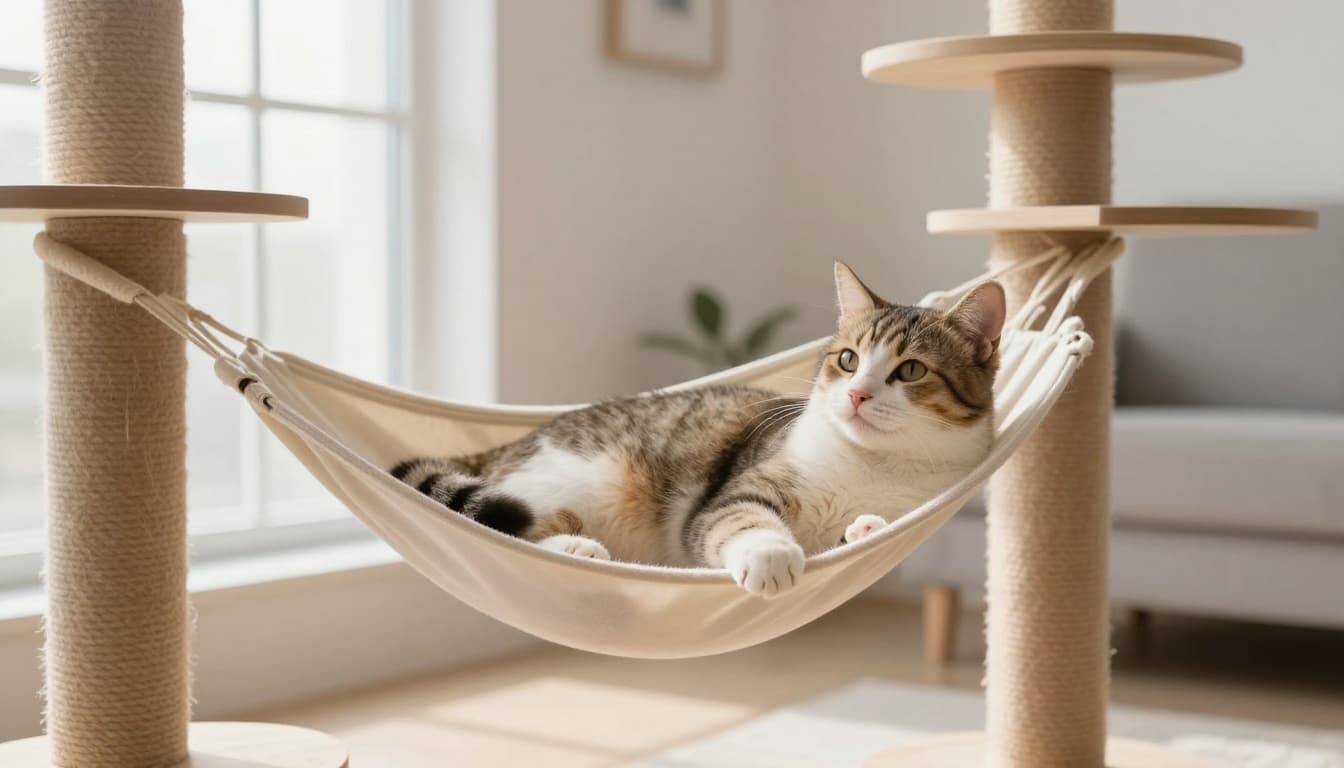 A serene female cat in week 1-2 pregnancy with no visible changes lounges calmly on a light wood cat tree hammock in a minimalist Scandinavian living room with natural light and cozy neutral tones.