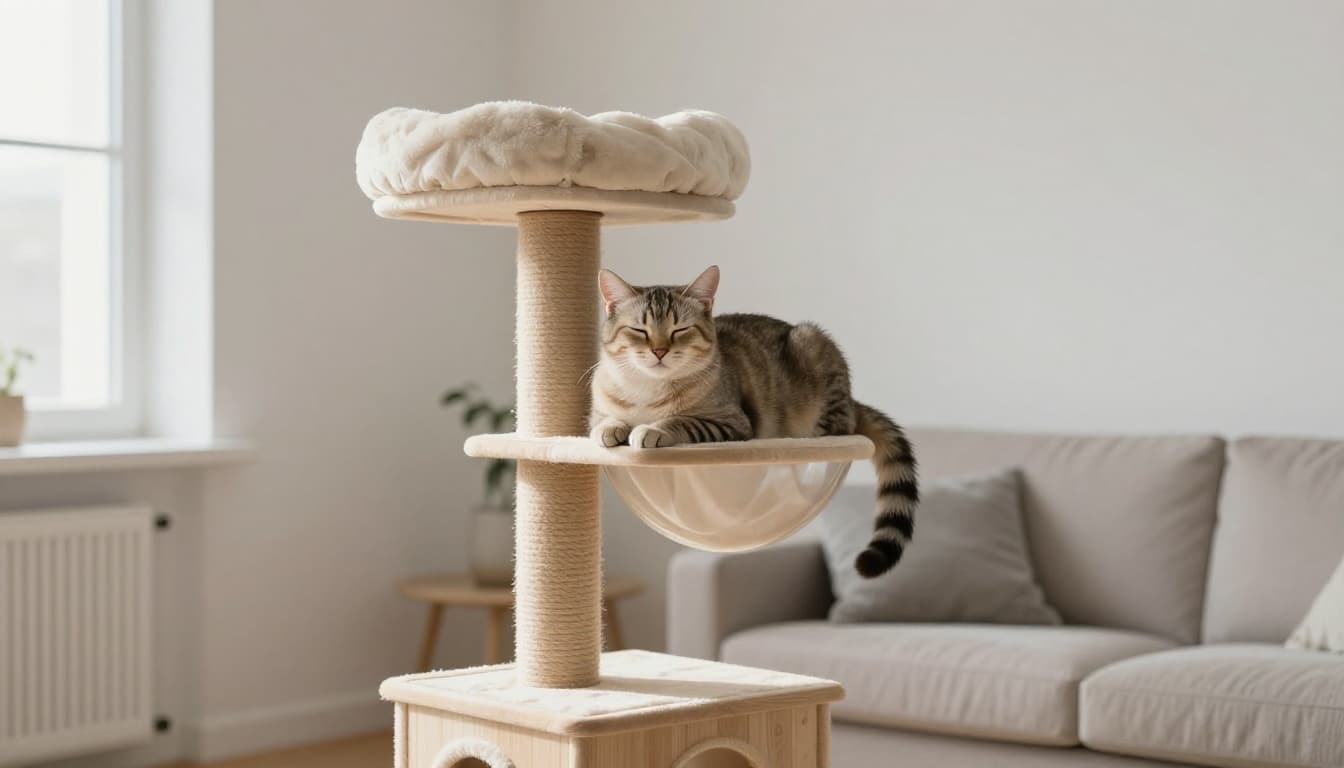 A solitary elegant cat rests calmly on a high perch of a durable design cat tree in an airy Scandinavian living room after withdrawal. The cat appears relaxed with a slow blink towards the viewer and tail curled neatly amid bright natural light and minimalist decor.