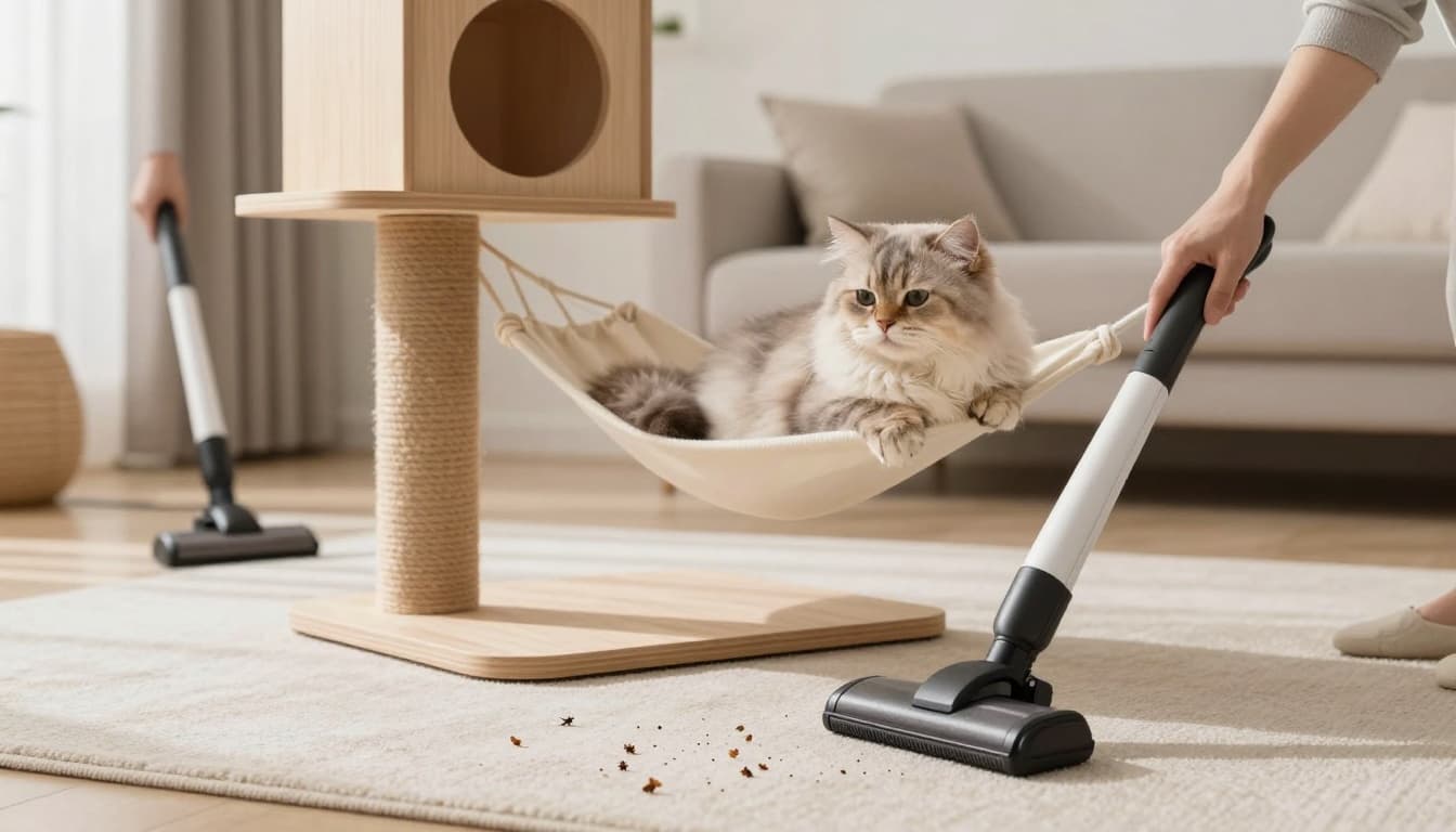 Premium lifestyle photo in Scandinavian style showing a fluffy cat lounging contentedly on a wooden cat tree hammock in a bright, minimalist living room after flea treatment, with subtle flea specks on the carpet and owner vacuuming in the background.