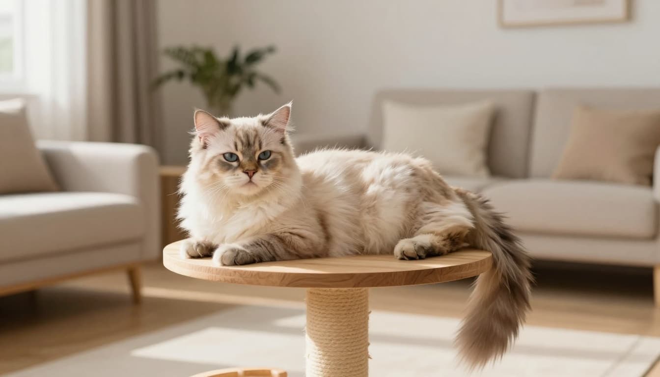 A relaxed fluffy cat with freshly cleaned sensitive skin fur lounges contentedly on a premium wooden cat tree in a bright modern Scandinavian living room with natural light and minimalist decor.