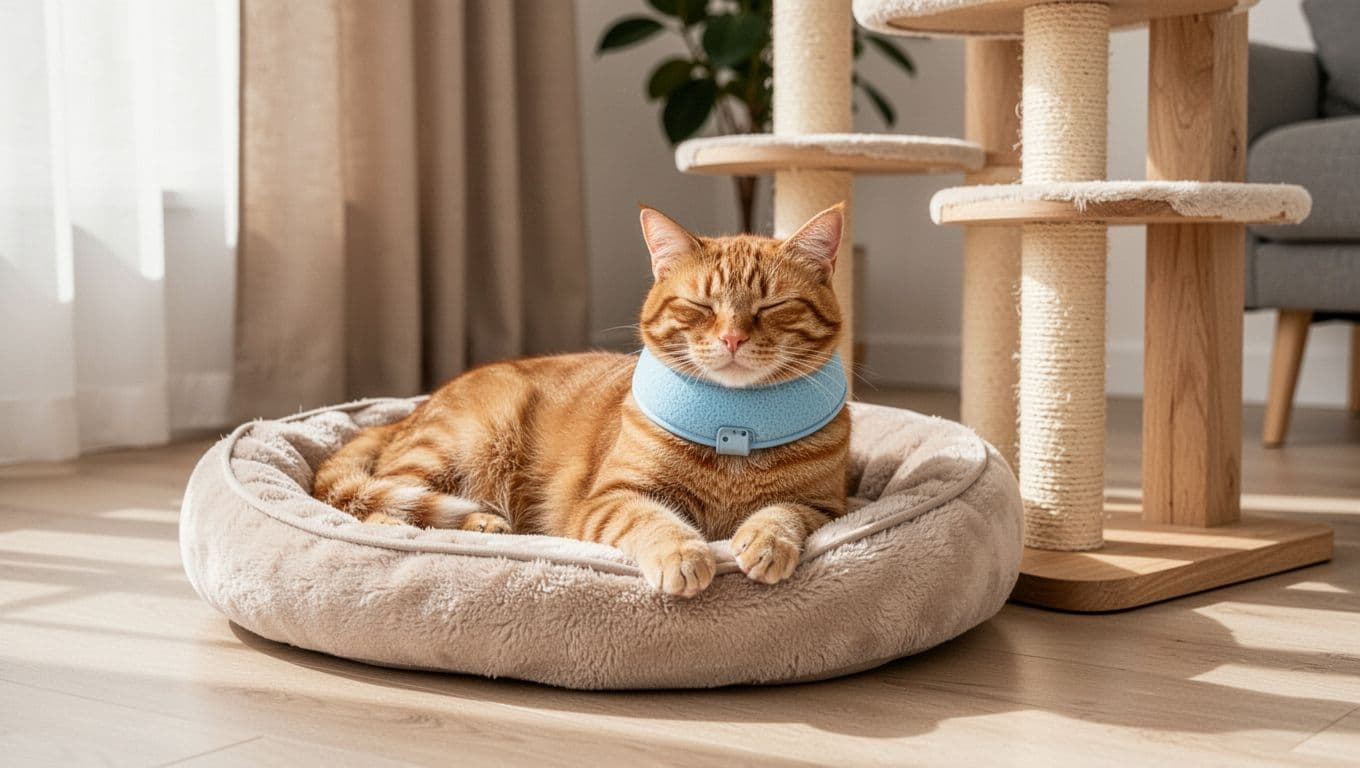 Premium lifestyle photo of a calm adult ginger male cat wearing a soft light blue recovery collar, lying relaxed on a plush beige pet bed next to a wooden cat tree in a bright minimalist Scandinavian living room.