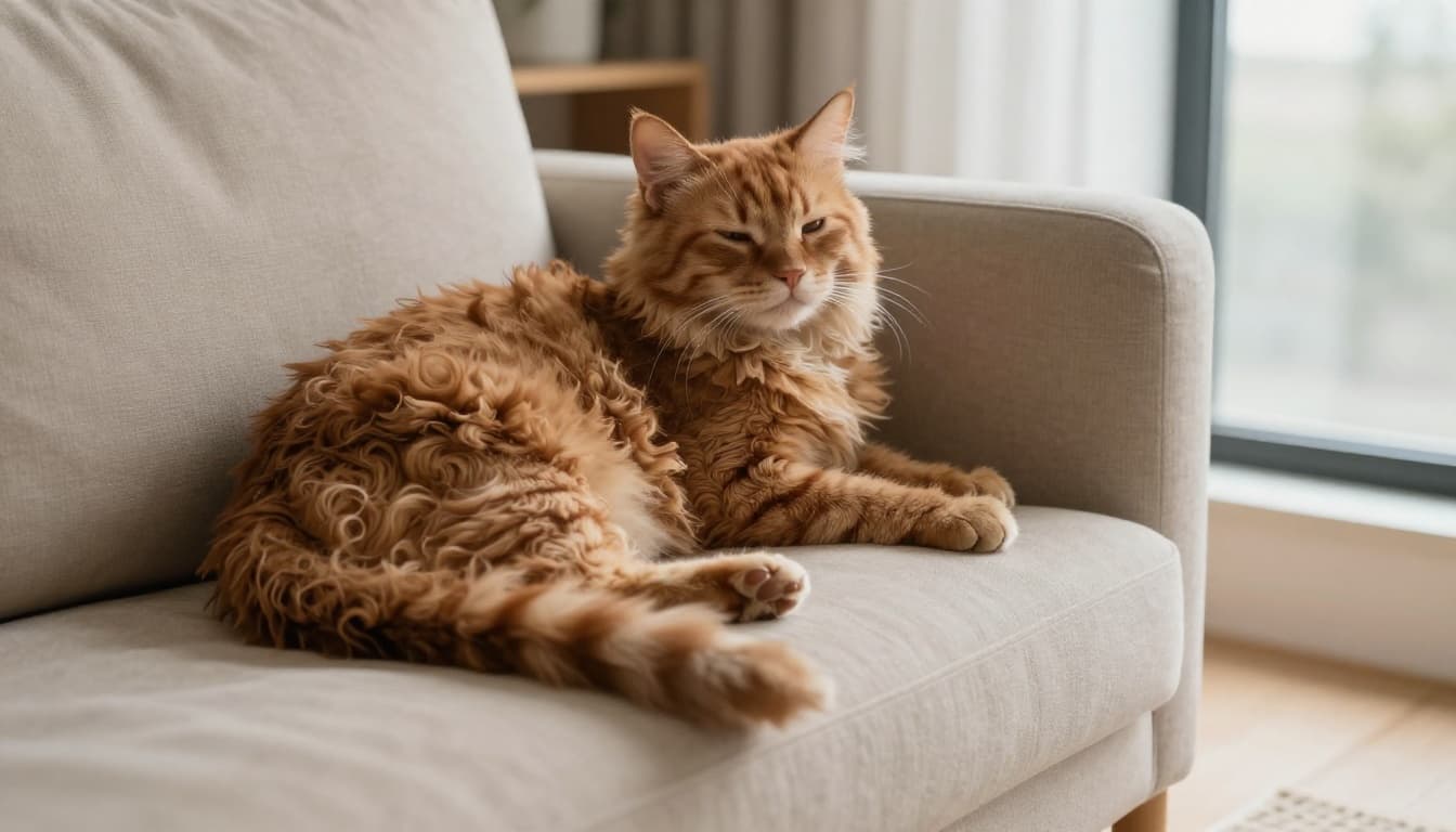 A ginger domestic cat curled up contentedly on a modern beige sofa in a bright, minimalist Scandinavian living room with soft natural light from a large window. The relaxed cat has half-closed eyes, tail wrapped around its body, and a small droplet of saliva, evoking a warm, cozy atmosphere.