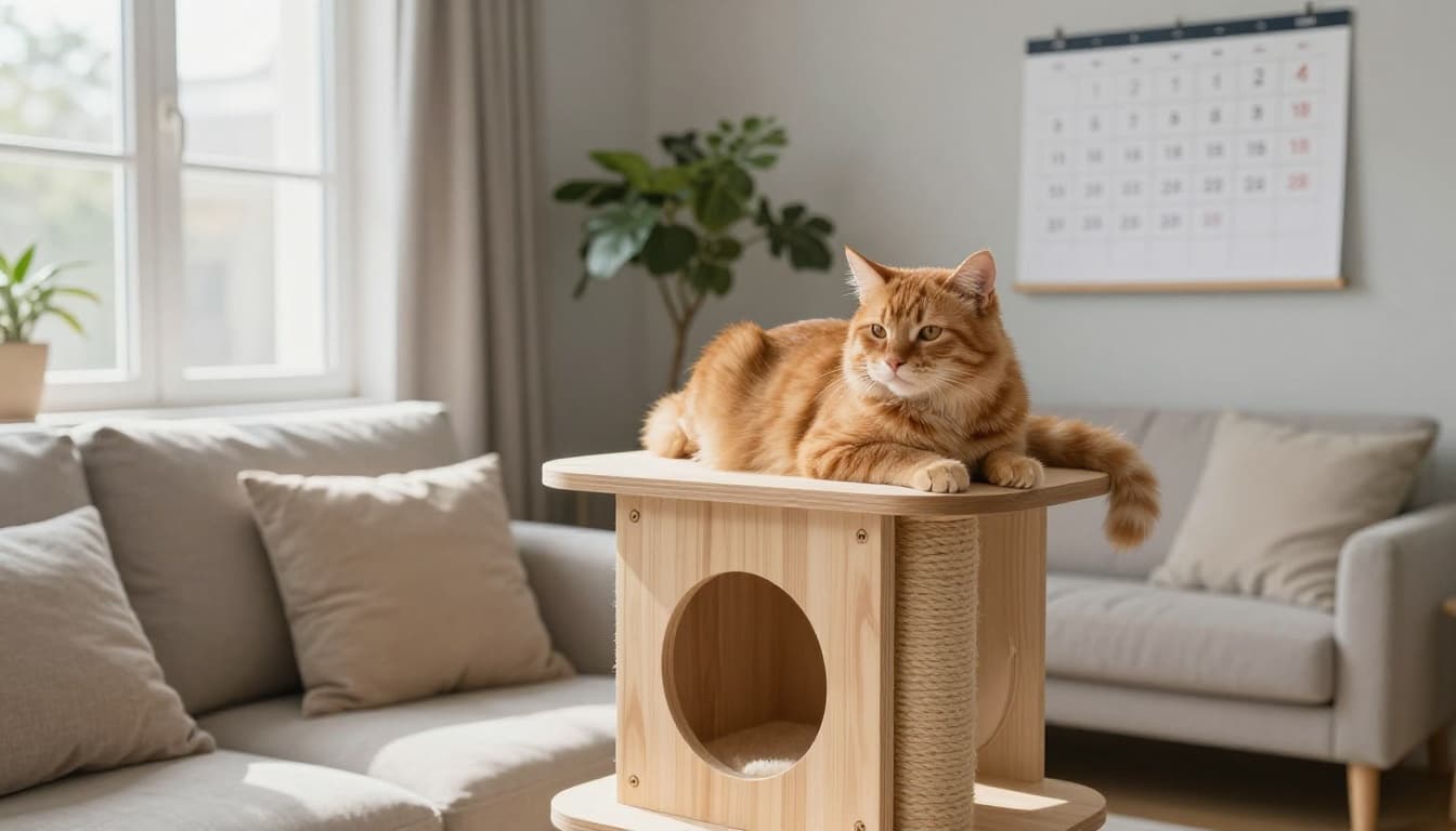 A relaxed ginger cat lounges peacefully on a sturdy light wooden cat tree in a bright Scandinavian living room bathed in natural sunlight. Minimalist decor features beige cushions, soft grey walls, green plants, and a background wall calendar marking a 28-day cycle with subtle pipette symbols.