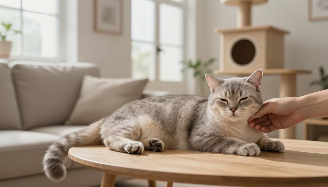 A light gray domestic cat relaxes contentedly with half-closed eyes as an adult's hand gently scratches under its chin on a light wood side table in a sunny modern Scandinavian living room. Stylish wooden cat tree blends into the minimalist neutral decor with natural light and warm atmosphere.