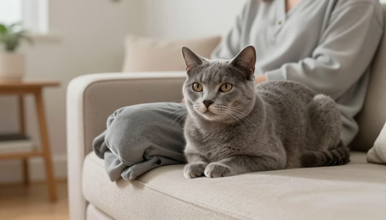 A gray cat with half-closed eyes gently kneads on a person's lap on a beige sofa in a bright, modern Scandinavian living room with minimalist decor and natural light. The cat appears completely relaxed with a curled tail, neutral ears, and slow breathing, captured in premium realistic lifestyle photography.