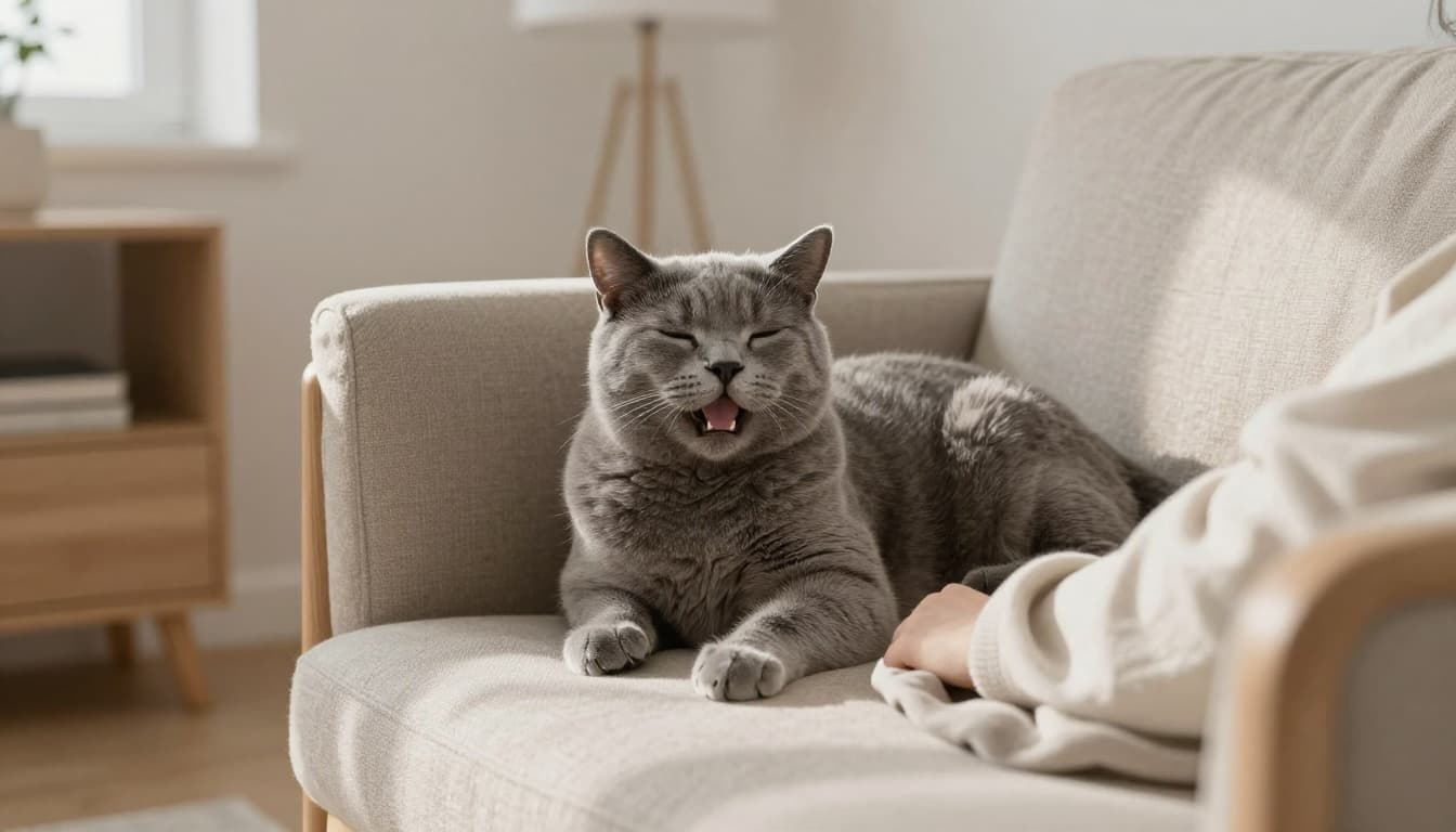 A relaxed gray cat purrs contentedly on a person's lap in an armchair within a modern Scandinavian living room bathed in soft natural daylight, surrounded by light woods, beige textiles, and elegant sparse decor.