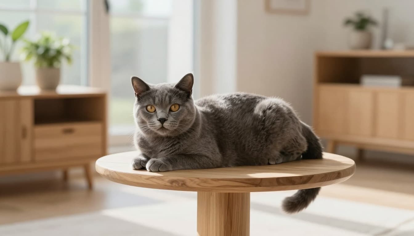 An elegant gray domestic cat relaxes on a light wooden cat tree in a minimalist Scandinavian living room with soft natural light, beige and light gray decor, and subtle green plants.