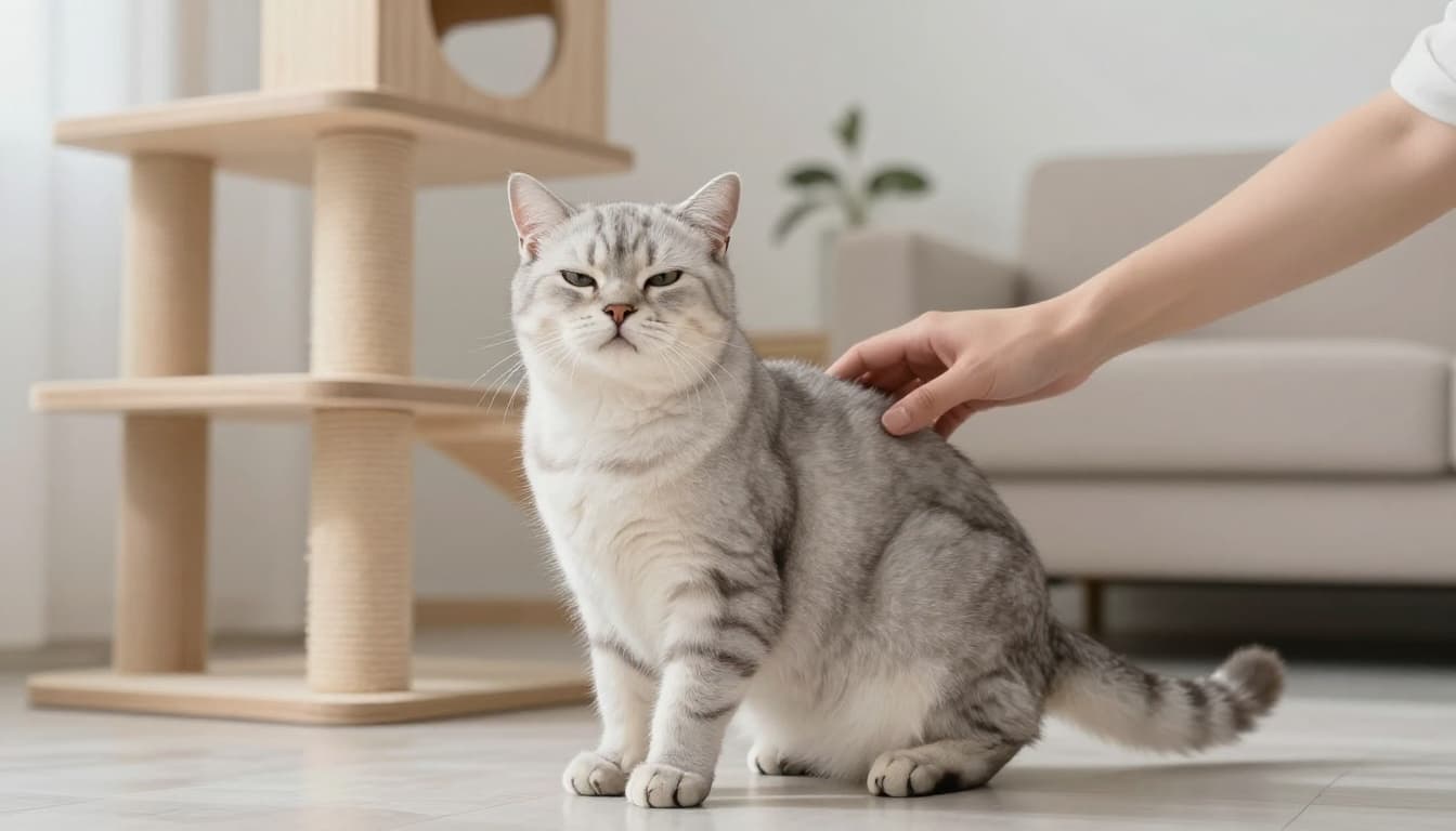 A relaxed light gray adult cat raises its rear trustingly as a hand gently pets the base of its tail in a bright minimalist Scandinavian living room with natural light and a premium cat tree nearby.