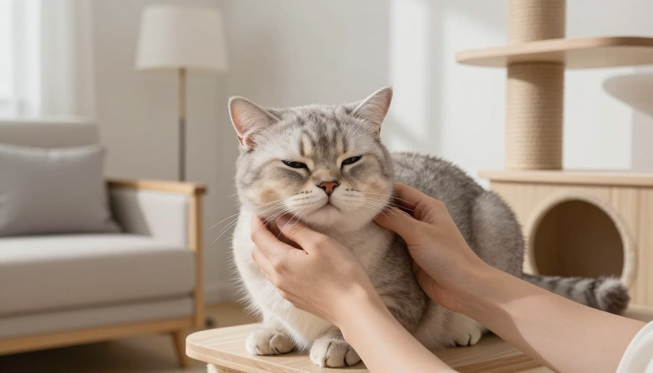 A relaxed light gray shorthair cat purrs with eyes half-closed while being gently petted on its cheeks, chin, ears, and back by a human hand in a bright, minimalist Scandinavian living room near a premium cat tree.