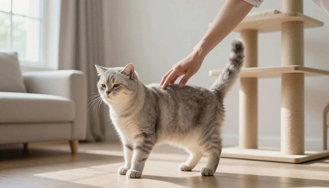 A relaxed light gray shorthair cat in a modern Scandinavian living room with bright natural light and minimalist decor arches its back slightly, guiding the owner's hand to pet the sensitive base of its tail, eyes half-closed in pleasure.