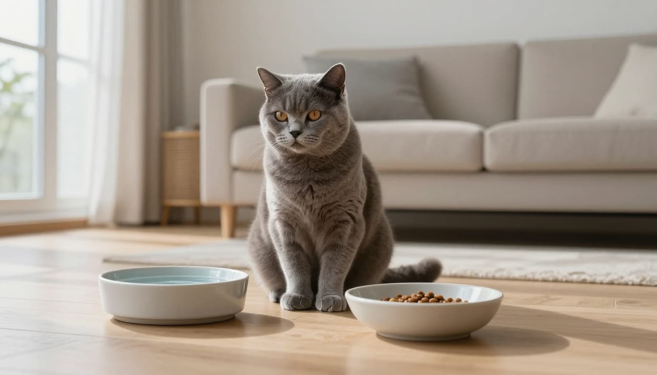 A relaxed gray shorthair cat sits near a fresh water bowl and empty kibble bowl on a light wooden floor in a bright modern Scandinavian living room with natural sunlight and minimalist decor.