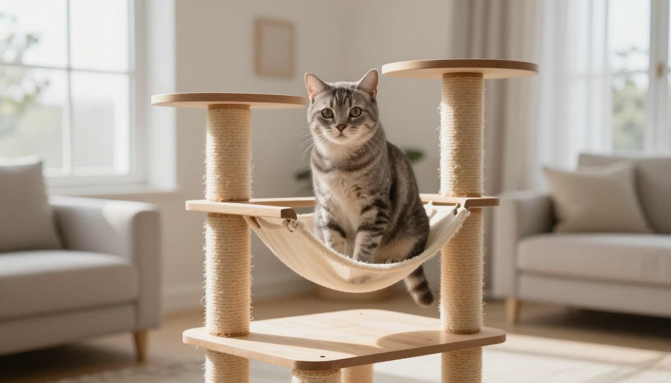 A relaxed gray tabby cat sits calmly on a premium wooden cat tree with hammocks and scratching posts in a bright Scandinavian minimalist living room. Natural light highlights the cat's clean fur, creating a warm cozy atmosphere with neutral tones.