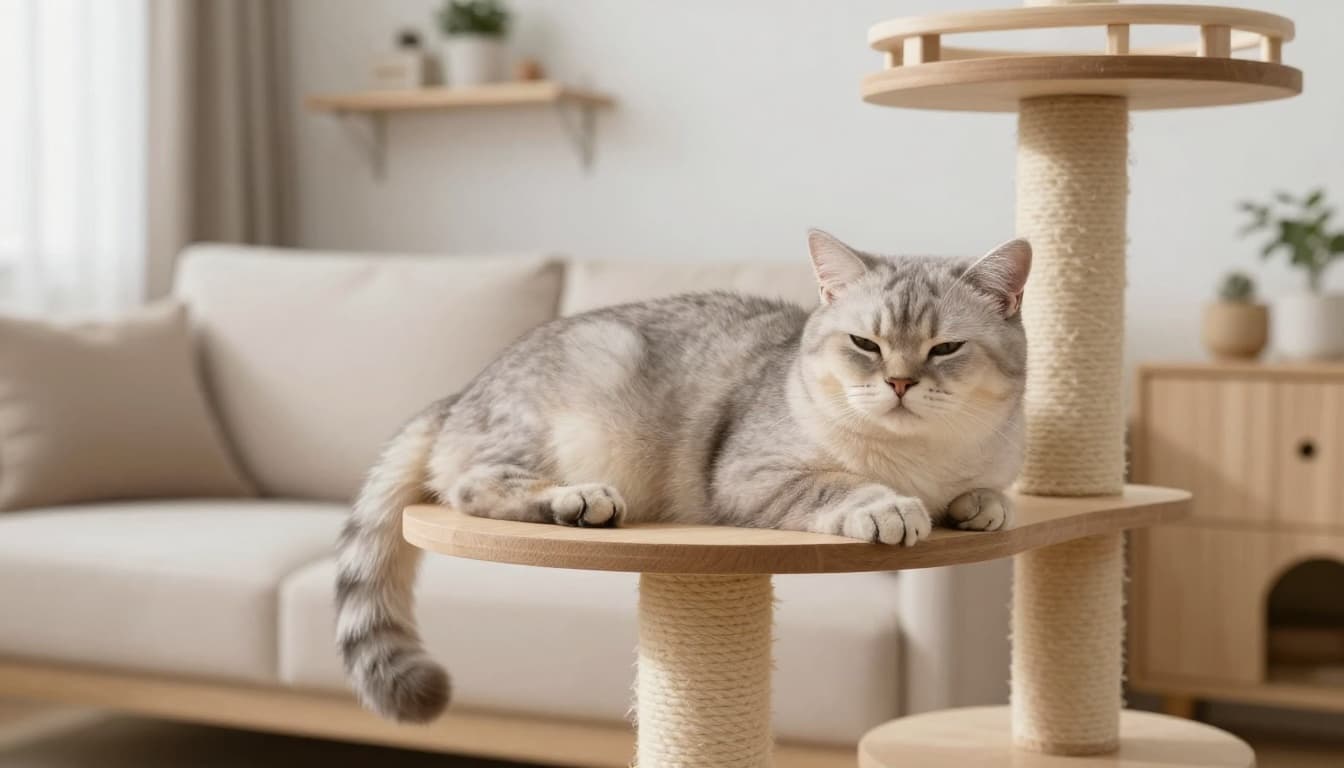 A relaxed light grey domestic cat lounges contentedly on a premium wooden cat tree in a bright modern Scandinavian living room with minimalist decor and soft natural light.