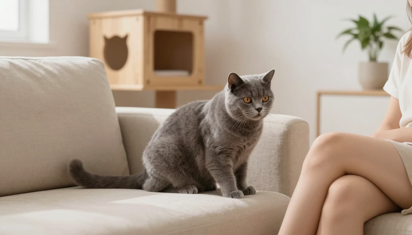 A relaxed grey-furred domestic cat sits contentedly close to its owner on a minimalist beige sofa in a bright Scandinavian living room, with a stylish wooden cat tree in the background. Premium lifestyle photography captures a warm, cozy atmosphere with neutral colors and modern elegance.