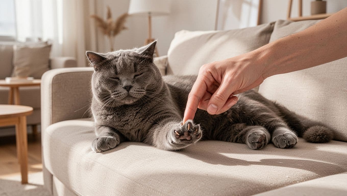 Premium lifestyle photography of a relaxed grey cat lying on a soft beige sofa in a modern Scandinavian living room, with a gentle hand pressing the paw pad to slightly extend one claw while others remain retracted in the fur.