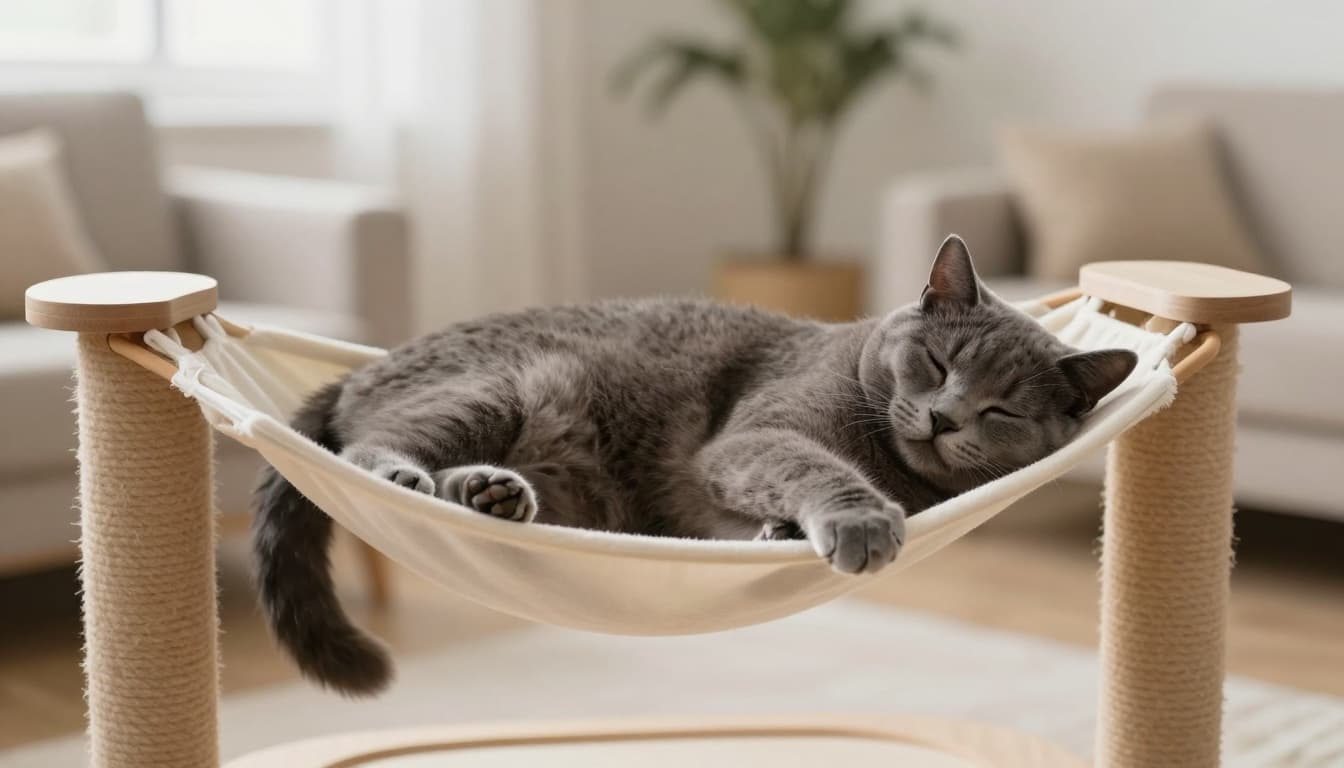 An adult grey cat sleeps relaxed on its side with belly exposed on a soft hammock platform of a modern light wood cat tree in a cozy Scandinavian apartment living room. The scene features bright natural daylight, minimalist decor in warm beige and light wood tones, capturing a peaceful and trusting mood.